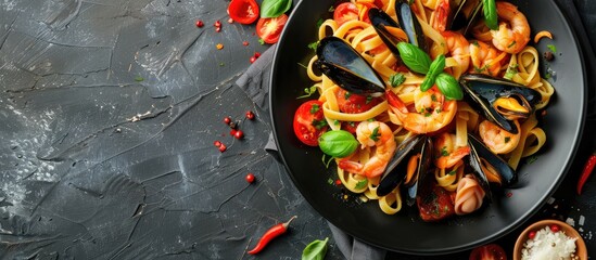 Poster - Top view of a plate featuring a classic seafood pasta with mussels, prawns, and squid, allowing for free copy space image.