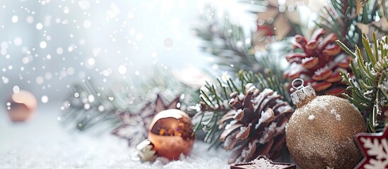 Poster - Festive Christmas background featuring a cone and ornaments with copy space image.