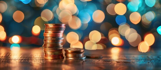 Poster - An innovative business savings concept displayed with a stack of coins on a wooden table against a background of soft bokeh lights, ideal for copy space image.