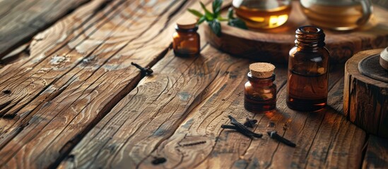 Poster - Table with sandalwood essential oil - Copy space image