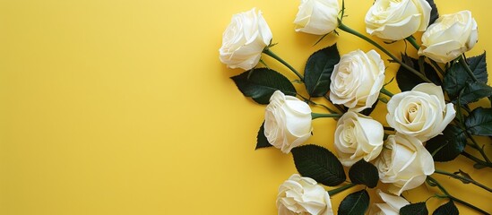 Fototapete - Top view photo of white roses on a yellow background with space for text or image overlaid. Copy space image. Place for adding text and design