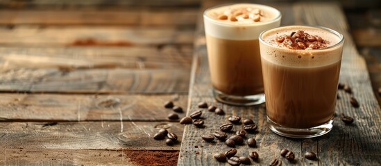 Wall Mural - Cold cappuccino and mocha served in glass cups on a rustic wooden table, with a blank space available for text or other imagery, known as a copy space image.