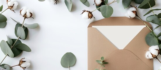 Aufkleber - Top view of eucalyptus leaves and cotton flowers arranged on a white background with a craft envelope, creating a card mockup with copy space image.