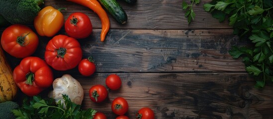 Poster - Top view of fresh vegetables on a dark wooden surface for menu or recipe mockup, featuring a generous copy space image.
