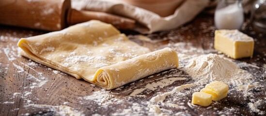 Poster - Raw homemade puff pastry dough being rolled with a rolling pin on a table, featuring flour, butter, and a cloth with available copy space image.