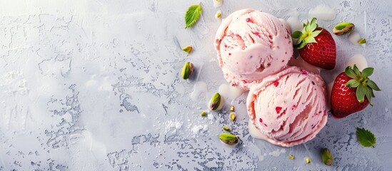 Poster - Delicious scoop of strawberry and pistachio ice cream with copy space image.