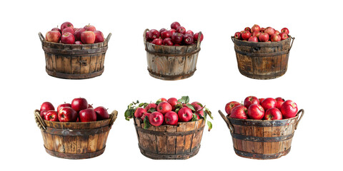 
A wooden bucket full of red apples isolated on a white background, in the style of a detailed photo, with high resolution photography and professional color grading, soft shadows, no contrast, and cl