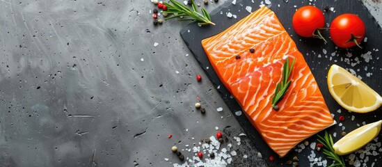 Poster - Fresh raw salmon piece served as seafood on a table, perfect for a tasty rustic dish with a generous portion size, ideal for keto, paleo diets, or pescetarian lifestyles, featuring a top view with