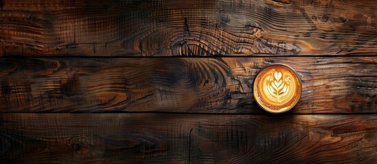 Poster - Top view of latte art on a rustic wooden surface with space for text or other elements in the image. Copy space image. Place for adding text and design