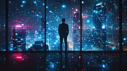 Wall Mural - Young business man standing in the office watching the modern city night view with abstract polygon pattern connection with speed line light. SMART Business Goal concept. 