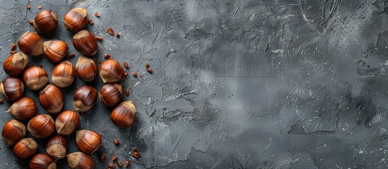 On a gray rustic table lies a pile of roasted sweet chestnuts. Plenty of space around for a copy space image.