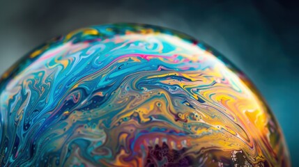 Poster - A close-up shot of a soap bubble with swirling patterns of blue, yellow, and other colors