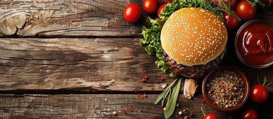 Poster - Dark wooden table with copy space image showcasing raw ingredients for a mouth-watering homemade burger.