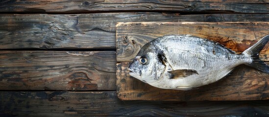 Aufkleber - Wooden background with a raw dorado fish on a board, perfect for use as a copy space image.