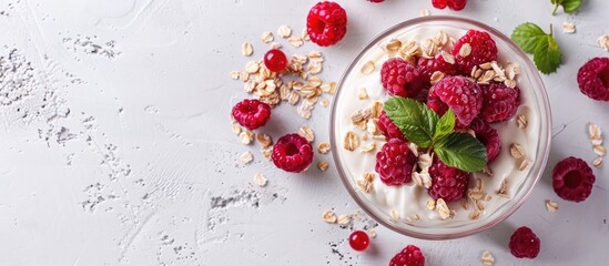 Poster - Morning cheesecake parfait with cottage cheese, mascarpone, oats, and raspberries on a white concrete background with copy space image.