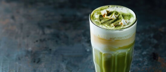 Aufkleber - Tall glass serving a matcha latte with salted caramel, with copy space image.