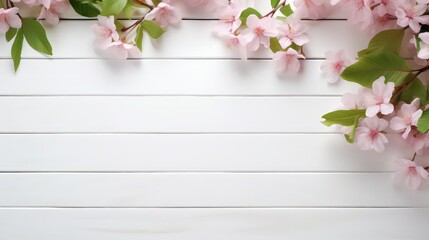Wall Mural - White wooden tabletop with spring flowers as a frame and free space for text