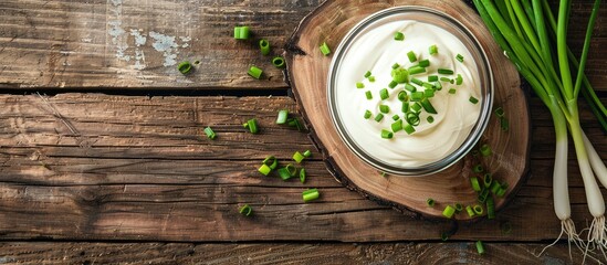 Poster - Top-down view of a glass bowl filled with sour cream beside a cutting board with chopped green onion, set on a rustic wooden table. Copy space image.