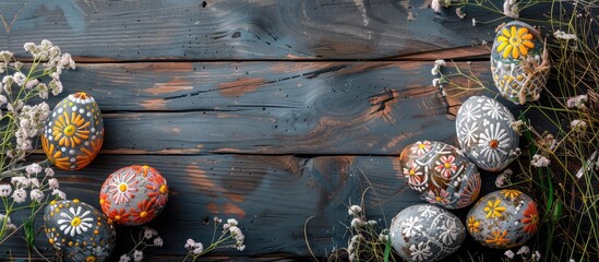 Aufkleber - Gray wooden background adorned with Easter eggs featuring floral designs, providing copy space image.
