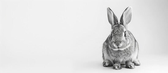 Poster - Black and white adorable rabbit on a white background with copy space image.