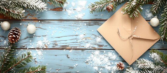 Sticker - Festive Christmas greeting card and envelope on a wooden background adorned with snowy fir tree branches and New Year decorations, creating a picturesque copy space image.