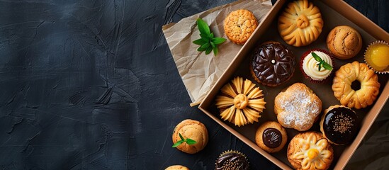 Display a carefully arranged dessert box with Tawar Bread to promote a healthy diet concept, incorporating copy space image.