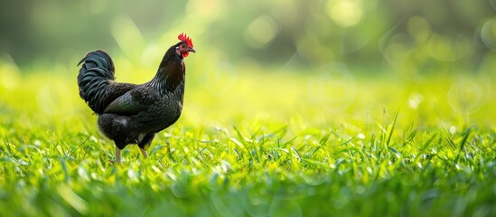Poster - A black chicken stands in a lush green field with ample room for text or other elements in the copy space image.
