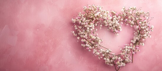 Leinwandbilder - View from above showing a heart-shaped design made of gypsophila flowers on a pink backdrop with space for additional content.