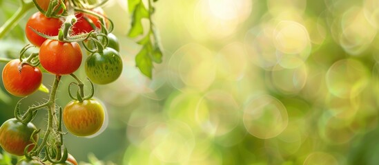 Poster - A variety of both ripe and unripe red cherry tomatoes are featured on a branch in a bountiful, organic vegetable harvest, with an empty copy space image for your text.