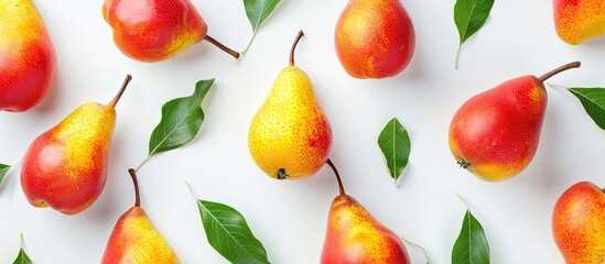Aufkleber - Ripe red and yellow pears with leaves isolated on a white background, providing copy space in a top-view flat lay pattern.