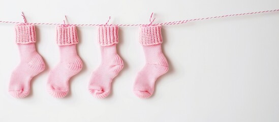 Poster - Pink baby socks hanging on a line against a white background with copy space image.