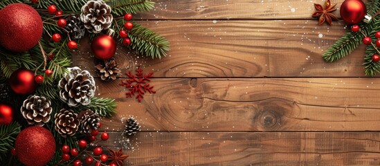 Wall Mural - Festive Christmas decorations creatively arranged on a wooden board with copy space image.