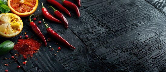 Poster - Chili fruits and red pepper powder displayed on a weathered black wooden surface with a clear area for adding text as a copy space image.