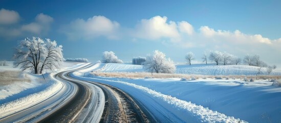 Aufkleber - Snow blankets the rural road and fields, under a sunny blue sky with ample copy space image.