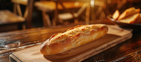 Poster - French baguette slice on wooden surface in a cozy restaurant setting. Tender and appetizing; perfect with butter or jam. Ample copy space image available.