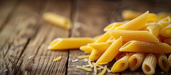 Poster - Close-up photo of vibrant uncooked penne pasta on a wooden table creates a textured Italian food background, perfect for text insertion in the image. Copy space image