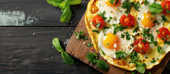 Poster - A rustic omelette made from organic ingredients like eggs, mozzarella, and mint, beautifully presented on a wooden cutting board with copy space image.