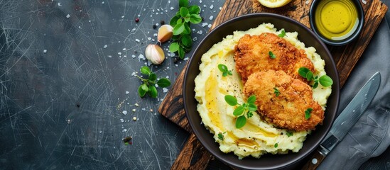 Poster - A bowl of mashed potatoes and cutlet on a wooden board with a dark rustic background, shown from above with a flat lay perspective, providing copy space image.