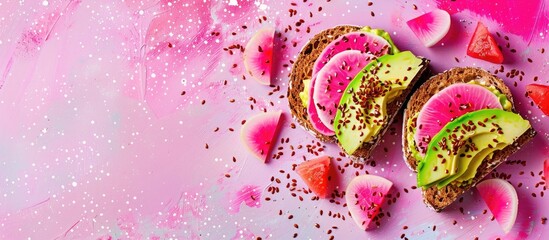 Poster - Top view of colorful toast with watermelon radish, avocado, and flax seeds on a vibrant background, in a modern flat lay design perfect for healthy eating promotion with copy space image.