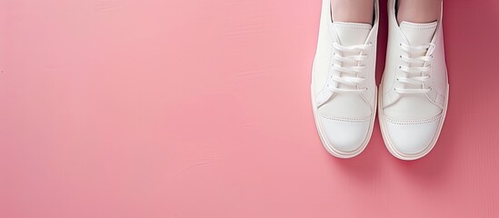 Poster - Top view of fashionable white shoes on a pink surface with copy space image available.