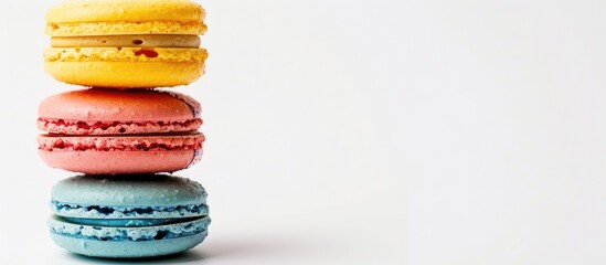 Poster - Three colorful macarons stacked on top of each other against a white backdrop with room for additional content, like text or images.