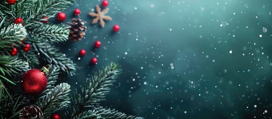 Wall Mural - Background for New Year and Christmas with a festive fir tree, ornaments, and space for text. Copy space image. Place for adding text and design