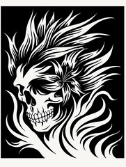 Wall Mural - A skull with a flower on its face. The skull is surrounded by flames. The image has a dark and ominous mood