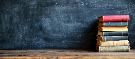 Poster - A stack of books is shown against a blackboard backdrop with a 'Back to School' theme, offering a place for additional elements in the picture.