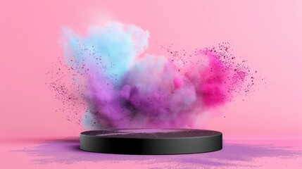 Wall Mural - Empty round black podium platform mockup for product or cosmetics presentation. Colored powder explosion. Generative AI