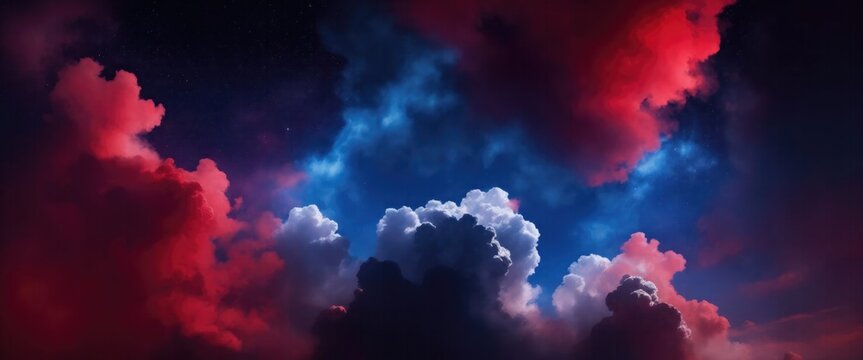 Red and blue cloudy sky with smoke background with stars