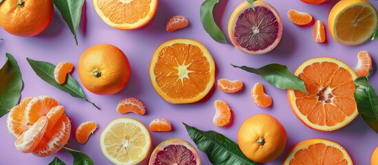 Leinwandbilder - A flat lay image featuring various citrus fruits, including tangerines, on a lilac surface, with room for adding text within the composition. Copy space image. Place for adding text and design
