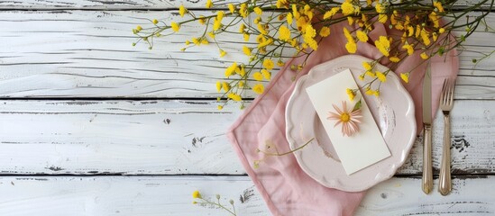 Poster - Romantic rustic table display featuring paper card, pink napkin, and yellow flowers on a white wooden table seen from above, with available copy space for adding text or designs.