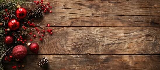 Poster - Vintage retro style Christmas decorations displayed on a rustic wood background with empty space for text or copy space image.