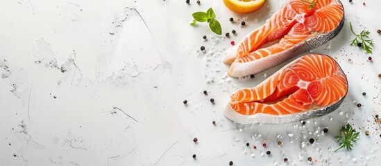 Poster - Sliced salmon steaks on a plain white backdrop, ready for cooking with copy space image.